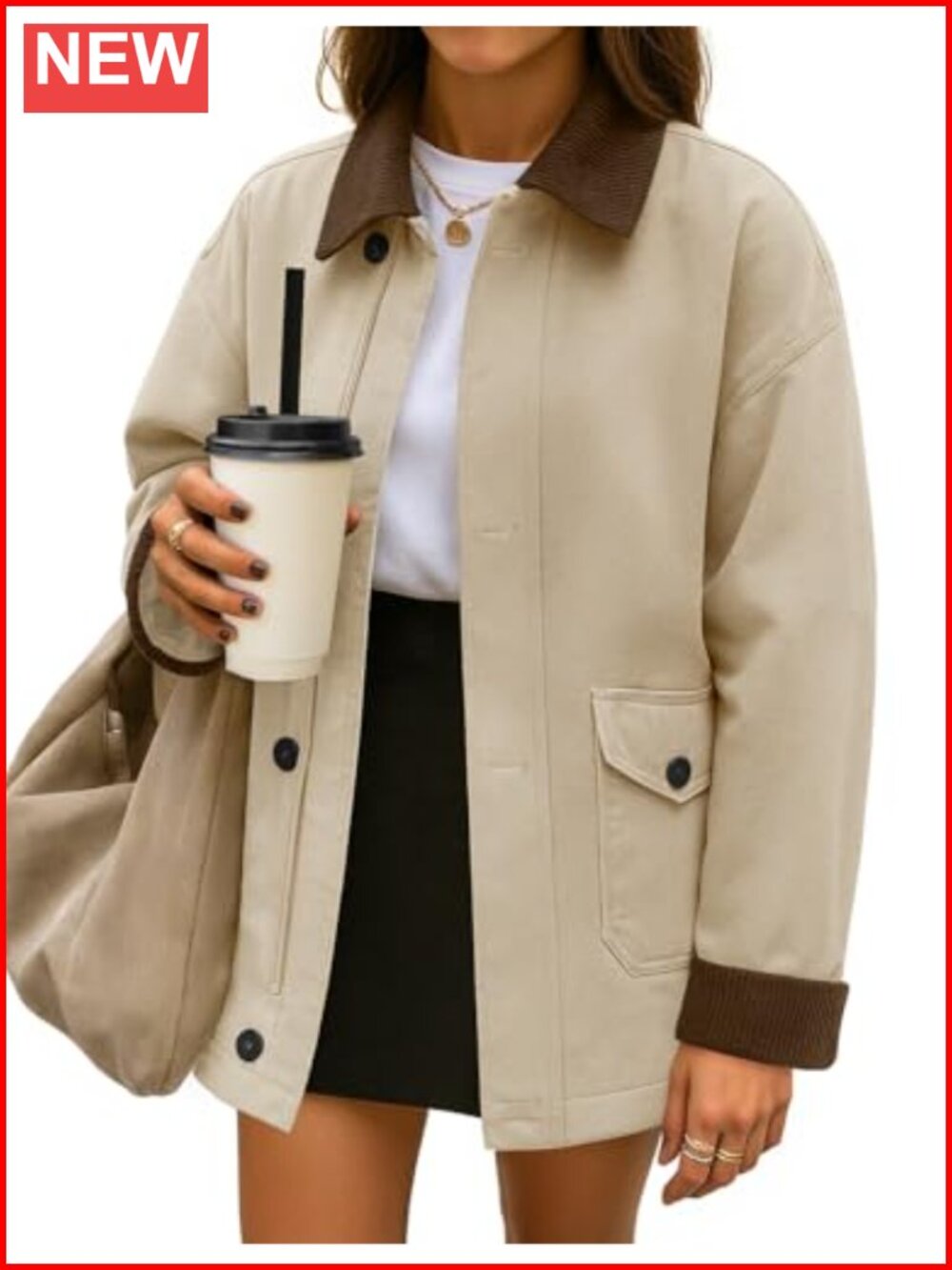 Women's Cotton Barn Jacket Casual Oversized Long Sleeve Coat with Corduroy